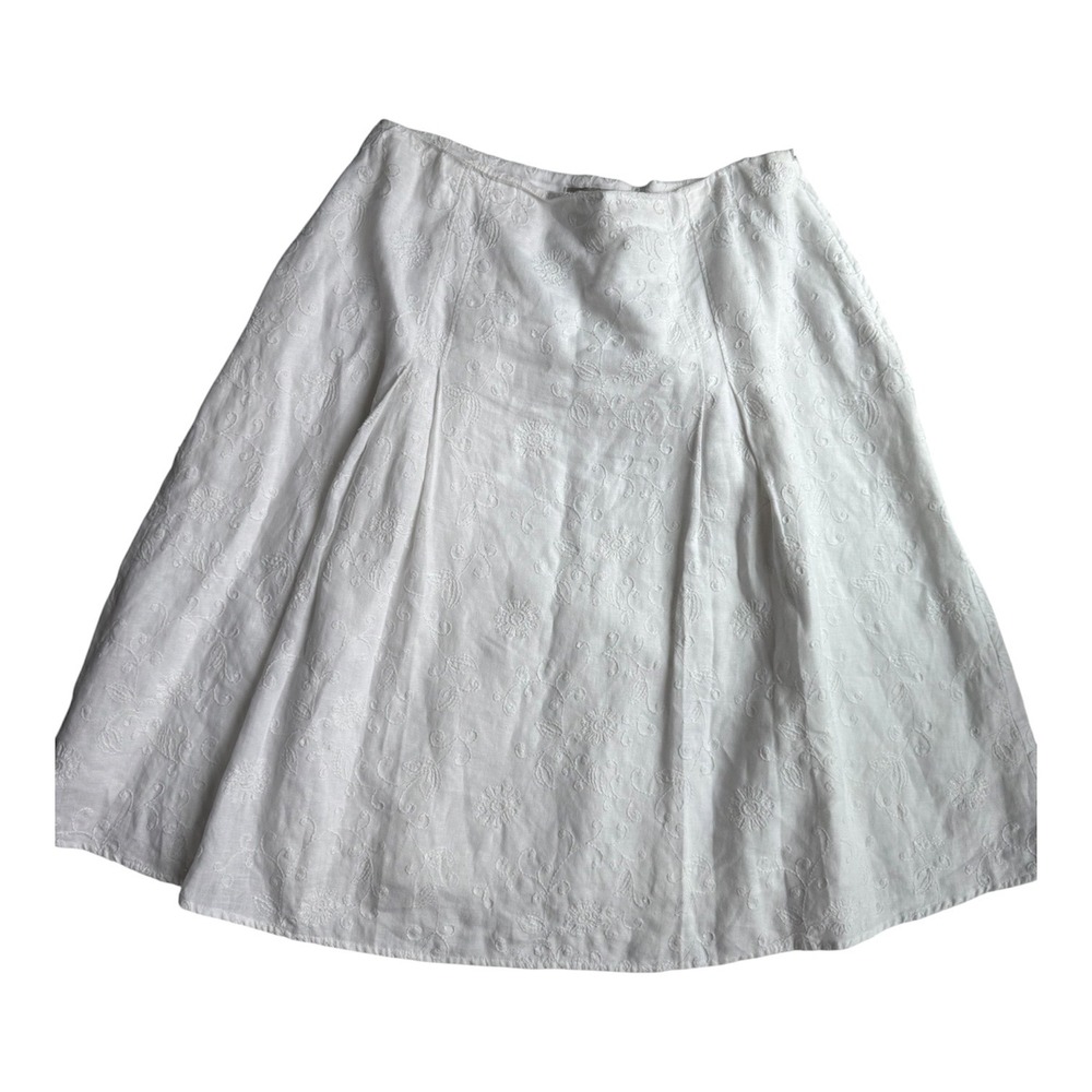 Edward 100% Linen Floral Embroidered Midi A-Line Skirt Women Size 10 White